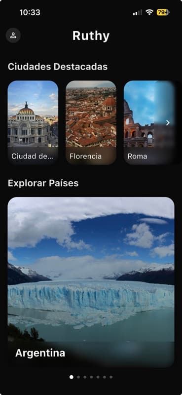 City selection screen in the Ruthy app
